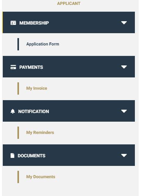 Applicant Membership Menu